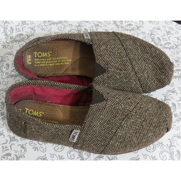 Toms Classic Brown Sz 6.5 Gold Woven Alpargatas Slip On Ballet Flats Shoes - Picture 3 of 8